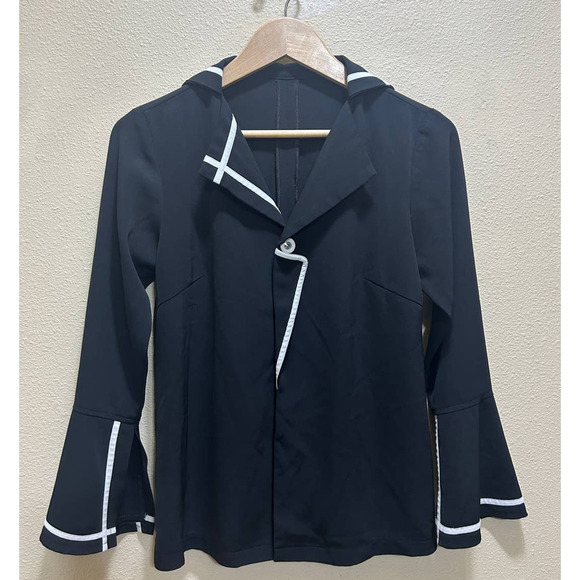 Womens Sailor Inspired Contrast Stitch Blouse S Blk White Snap Lapel Collar Boho - Picture 1 of 7